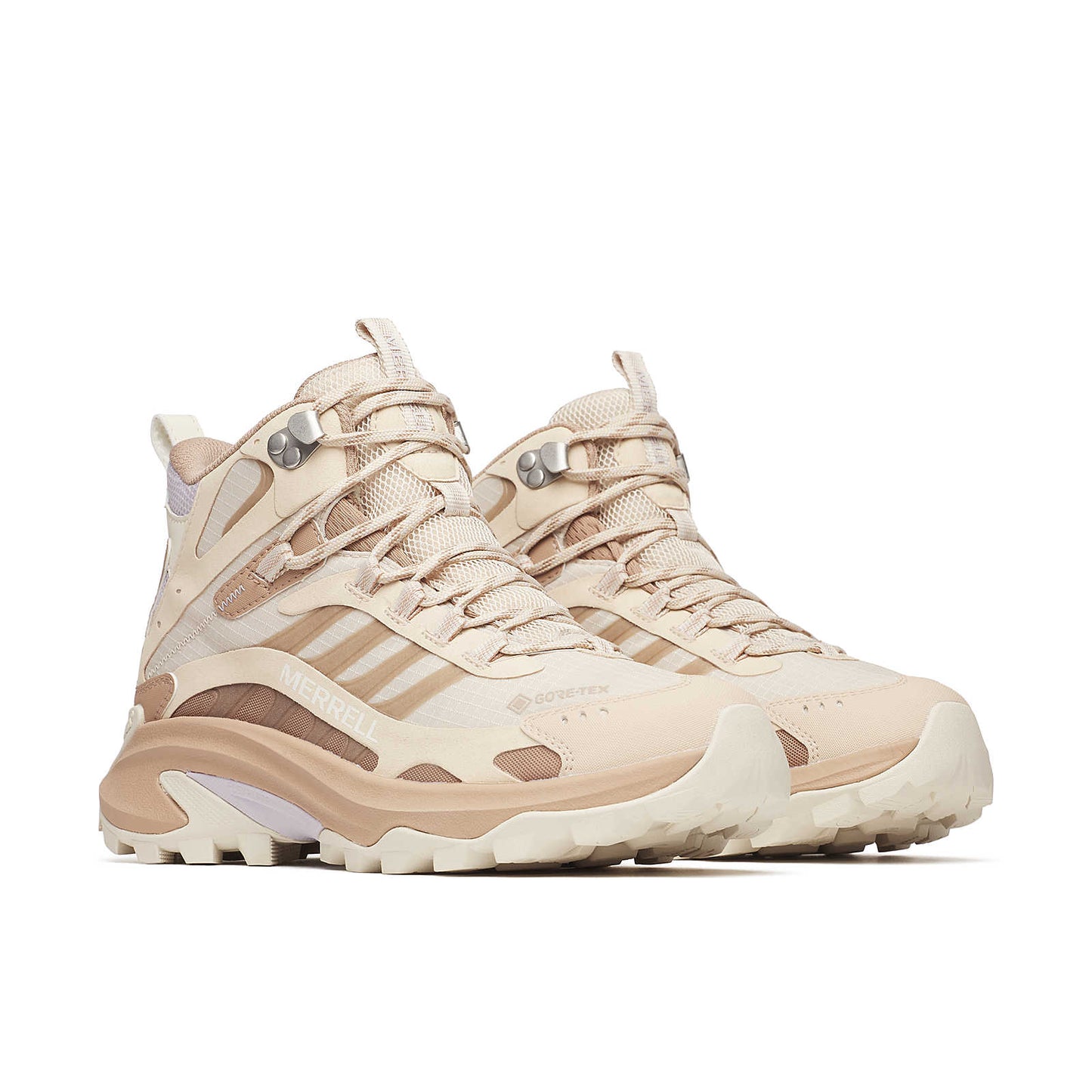 Pair of Moab Speed 2 Mid GTX shoes in nougat, mesh and suede-look overlays