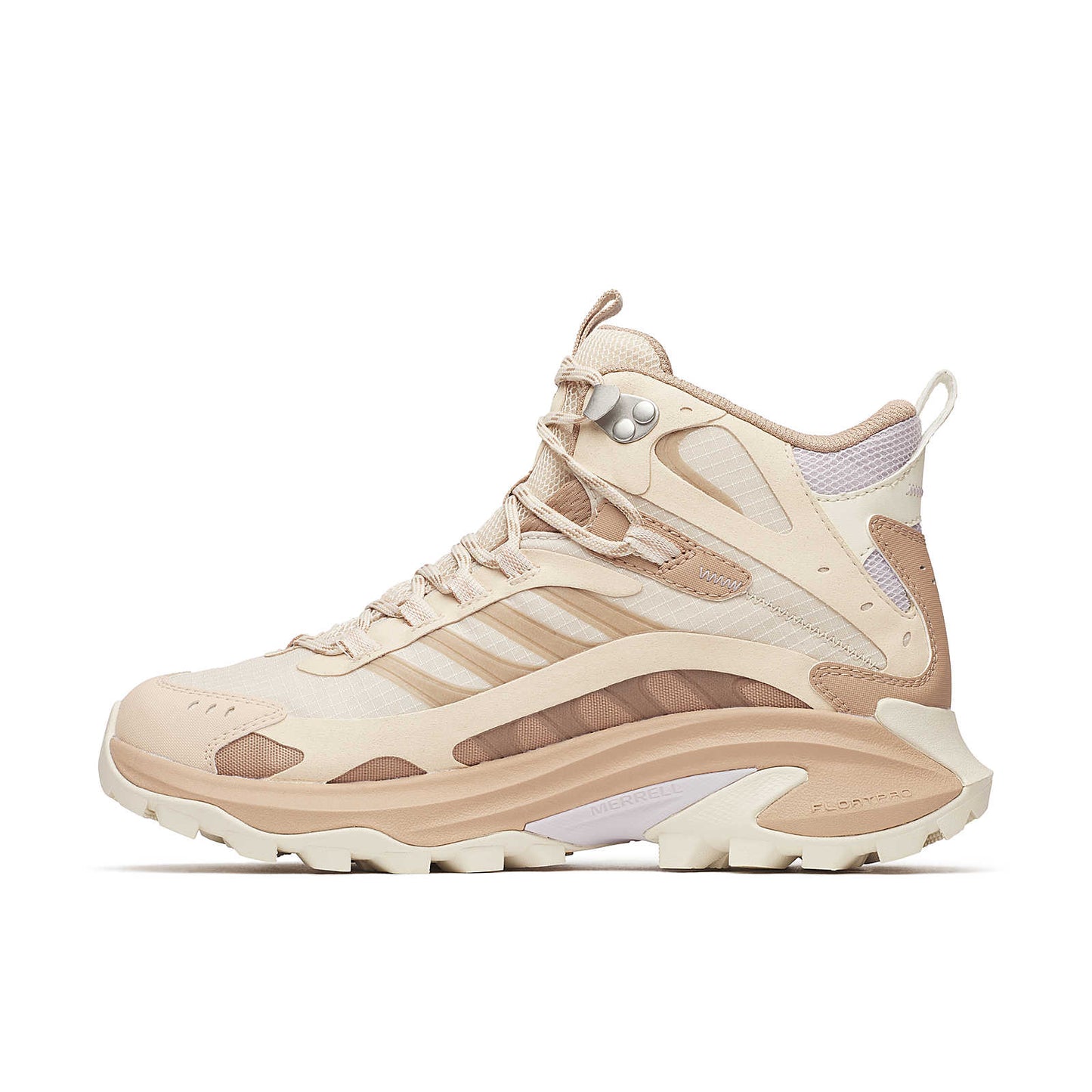 Moab Speed 2 Mid GTX trail shoe in nougat, side profile with protective mudguard