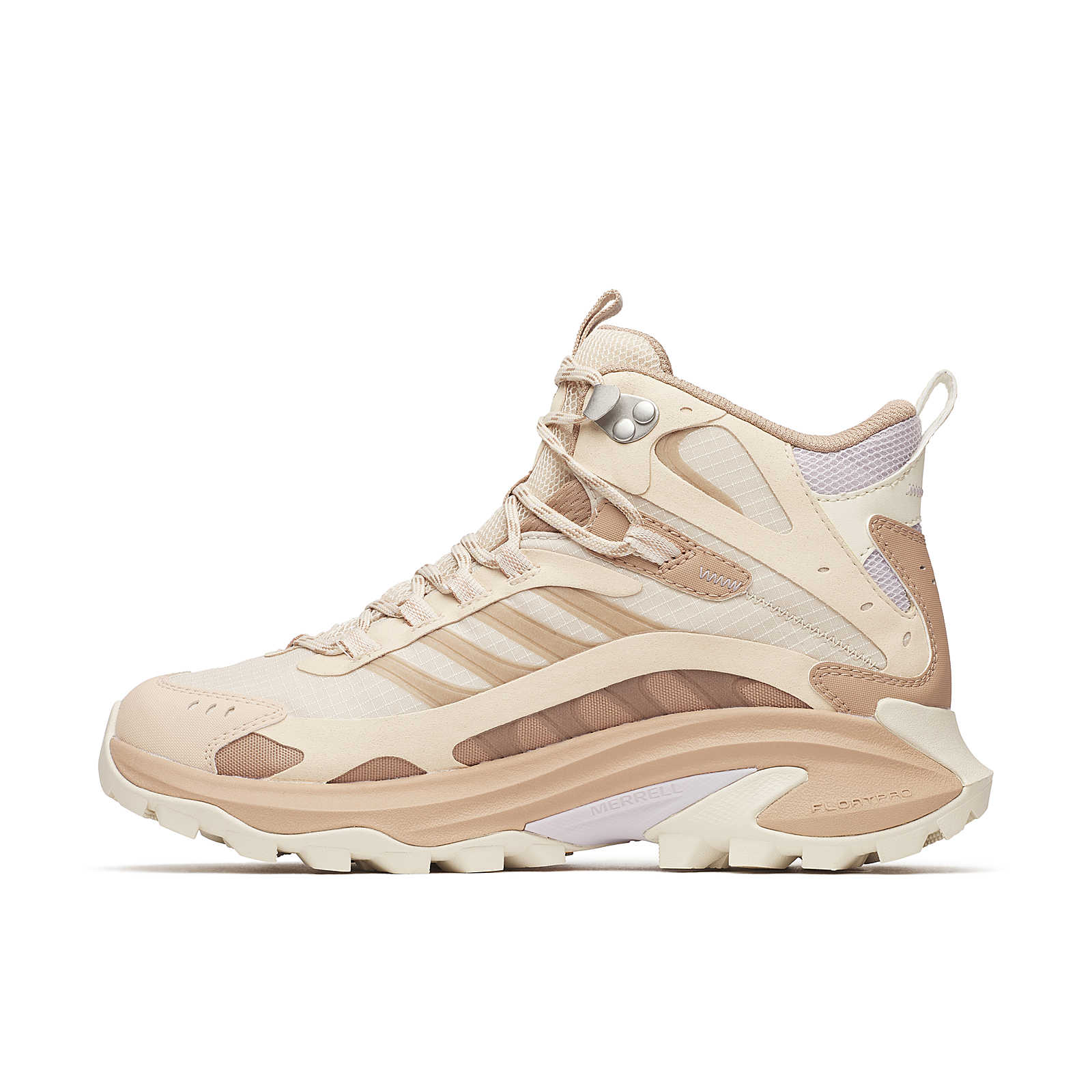 Moab Speed 2 Mid GTX trail shoe in nougat, side profile with protective mudguard