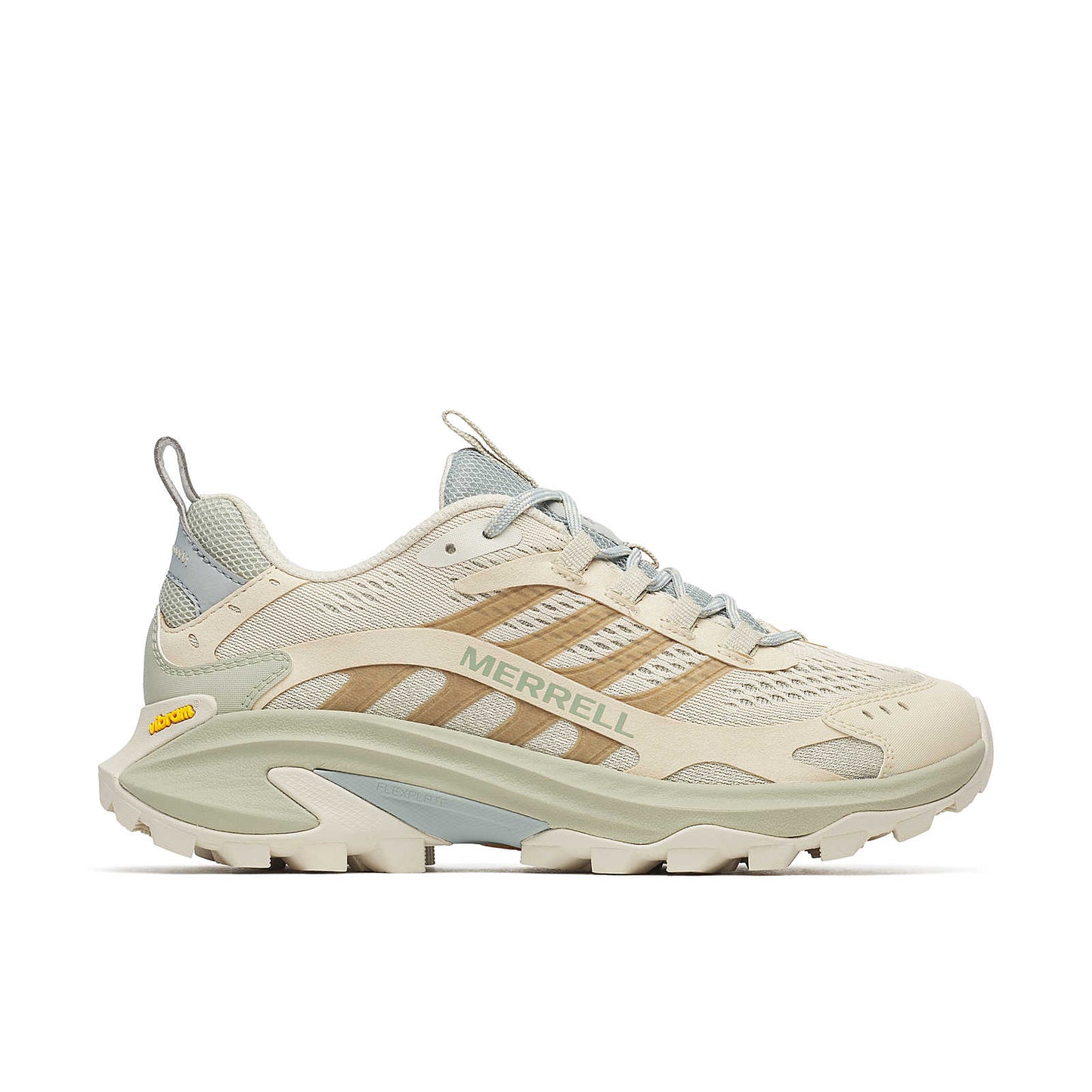 Moab Speed 2 W women's trail sneaker in Poplar beige with blue mesh accents