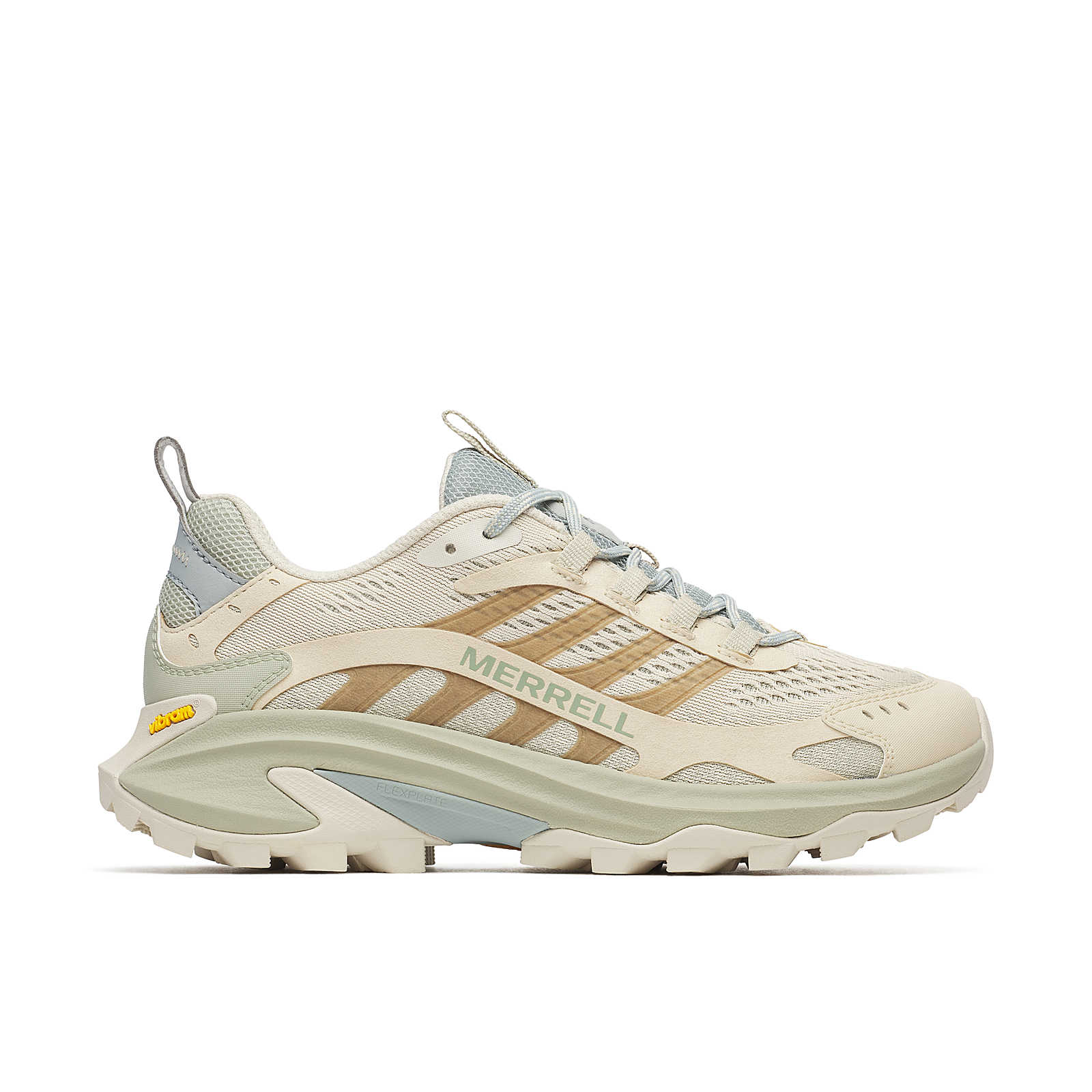 Moab Speed 2 W women's trail sneaker in Poplar beige with blue mesh accents