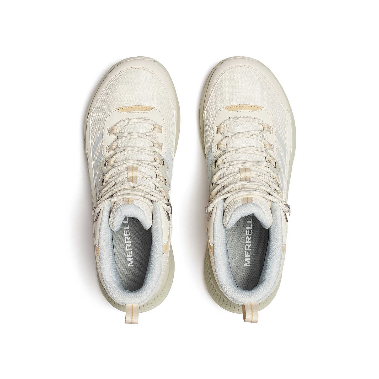 Eggshell mid-top sneakers, front view with white laces and textured side panels