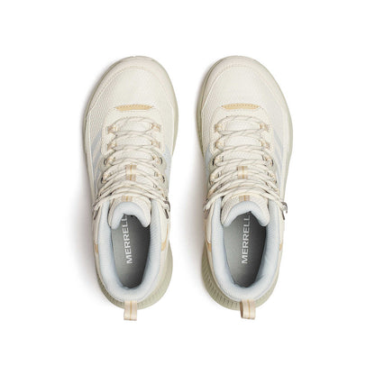 Eggshell mid-top sneakers, front view with white laces and textured side panels