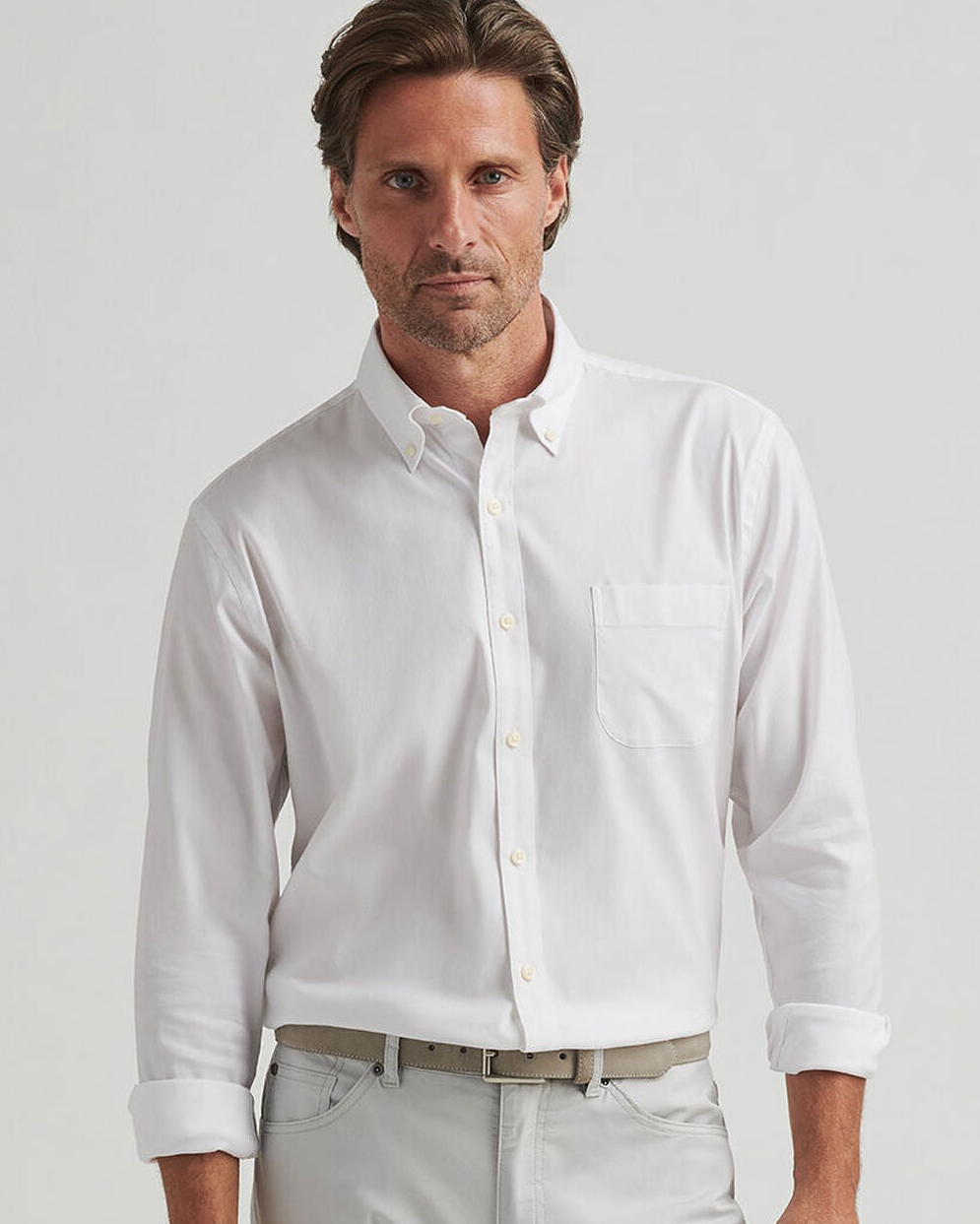 Campbell Perfect Pinpoint Cotton-Stretch Sport Shirt in white stretch cotton by PETER MILLAR