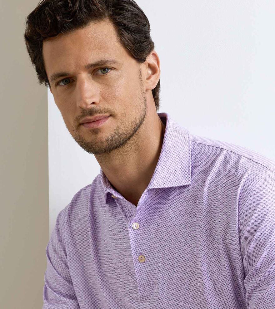 Ashgrove Performance Jersey Polo - Purple Iris with geometric pattern, stretch, moisture-wicking, UV protection