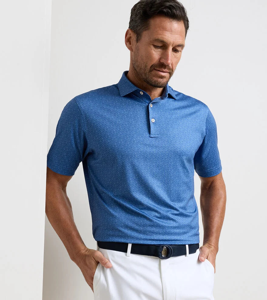 Negroni Performance Jersey Polo in blue geometric pattern with moisture wicking by PETER MILLAR