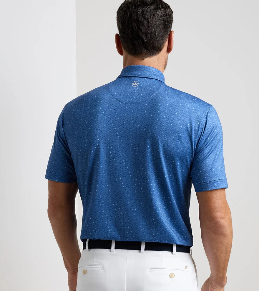 Negroni Performance Jersey Polo in blue geometric pattern with moisture wicking by PETER MILLAR