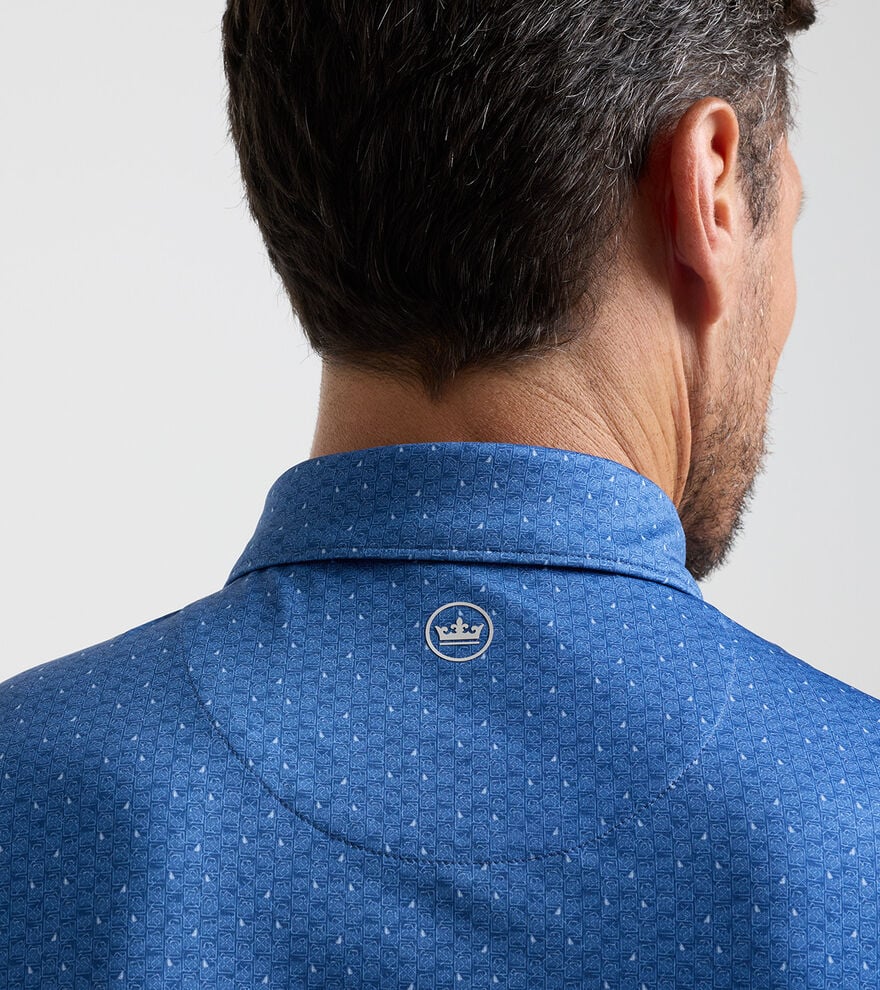 Negroni Performance Jersey Polo in blue geometric pattern with moisture wicking by PETER MILLAR