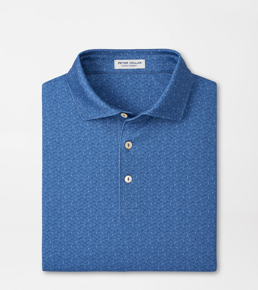 Negroni Performance Jersey Polo in blue geometric pattern with moisture wicking by PETER MILLAR