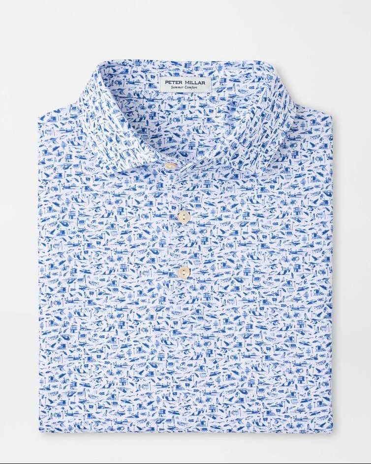 Coastline Performance Jersey Polo in blue geometric pattern with stretch, moisture wicking, UPF 50+ protection