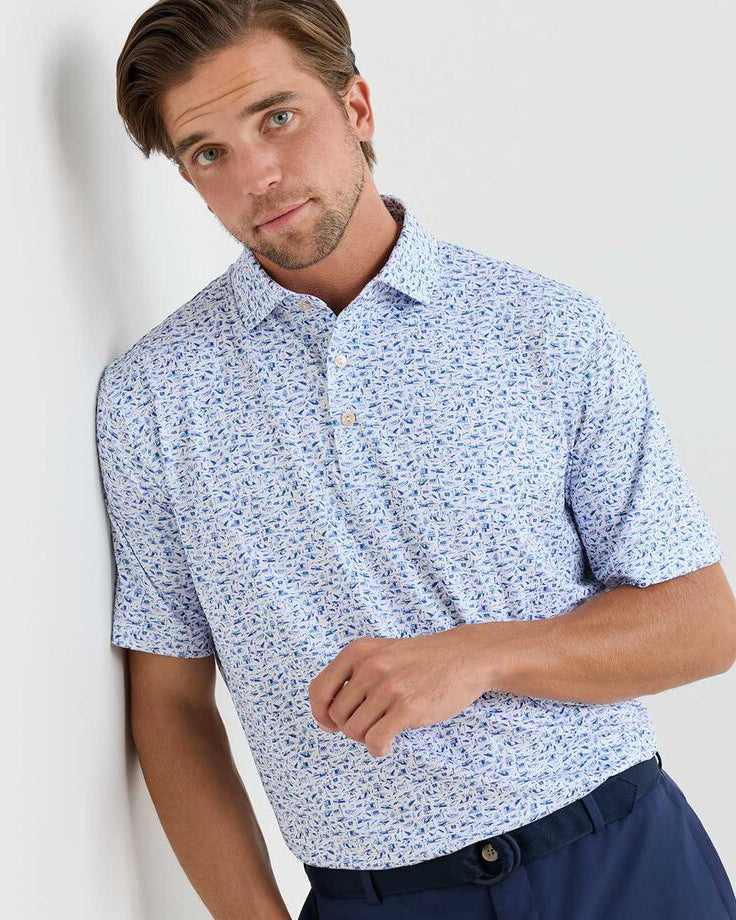 Coastline Performance Jersey Polo with geometric pattern, stretch, moisture wicking, and UPF 50+ protection