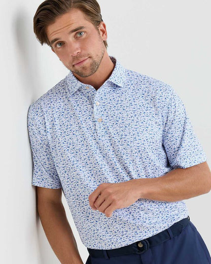 Coastline Performance Jersey Polo with geometric pattern, stretch, moisture wicking, and UPF 50+ protection