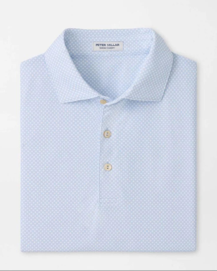 Grant Performance Mesh Polo in light blue with subtle geometric print and breathable stretch fabric