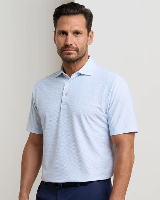 Grant Performance Mesh Polo in light blue with custom geometric print, breathable and stretchy fabric