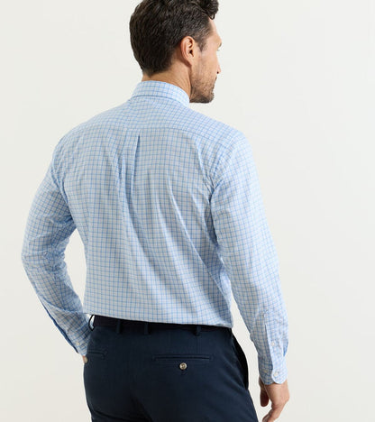 Back view of Calvin Crown Lite Cotton-Stretch Sport Shirt in light blue checkered by PETER MILLAR
