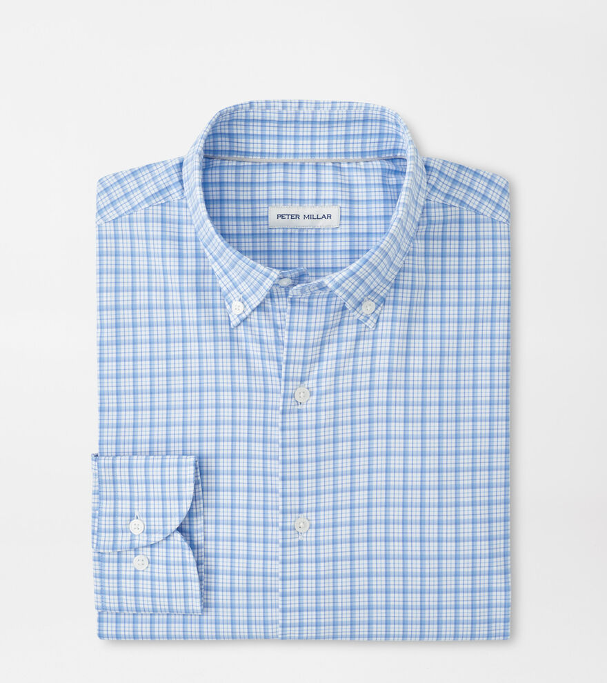 Calvin Crown Lite Cotton-Stretch Sport Shirt in blue checkered, moisture-wicking and wrinkle resistant