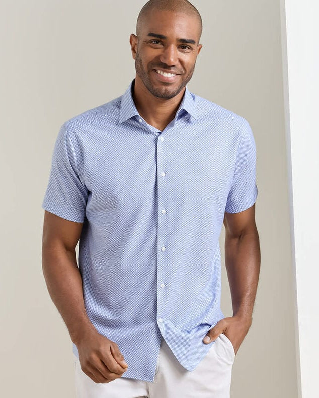 Patton Performance Poplin Sport Shirt in blue dot geometric pattern with stretch and UPF 50+ protection