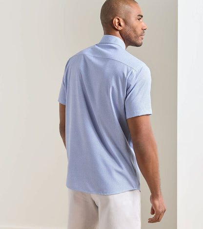 Patton Performance Poplin Sport Shirt in blue dot geometric pattern with stretch and UPF 50+ protection