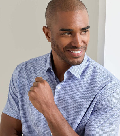 Patton Performance Poplin Sport Shirt in blue geometric dots with stretch, moisture wicking, UPF 50+ protection