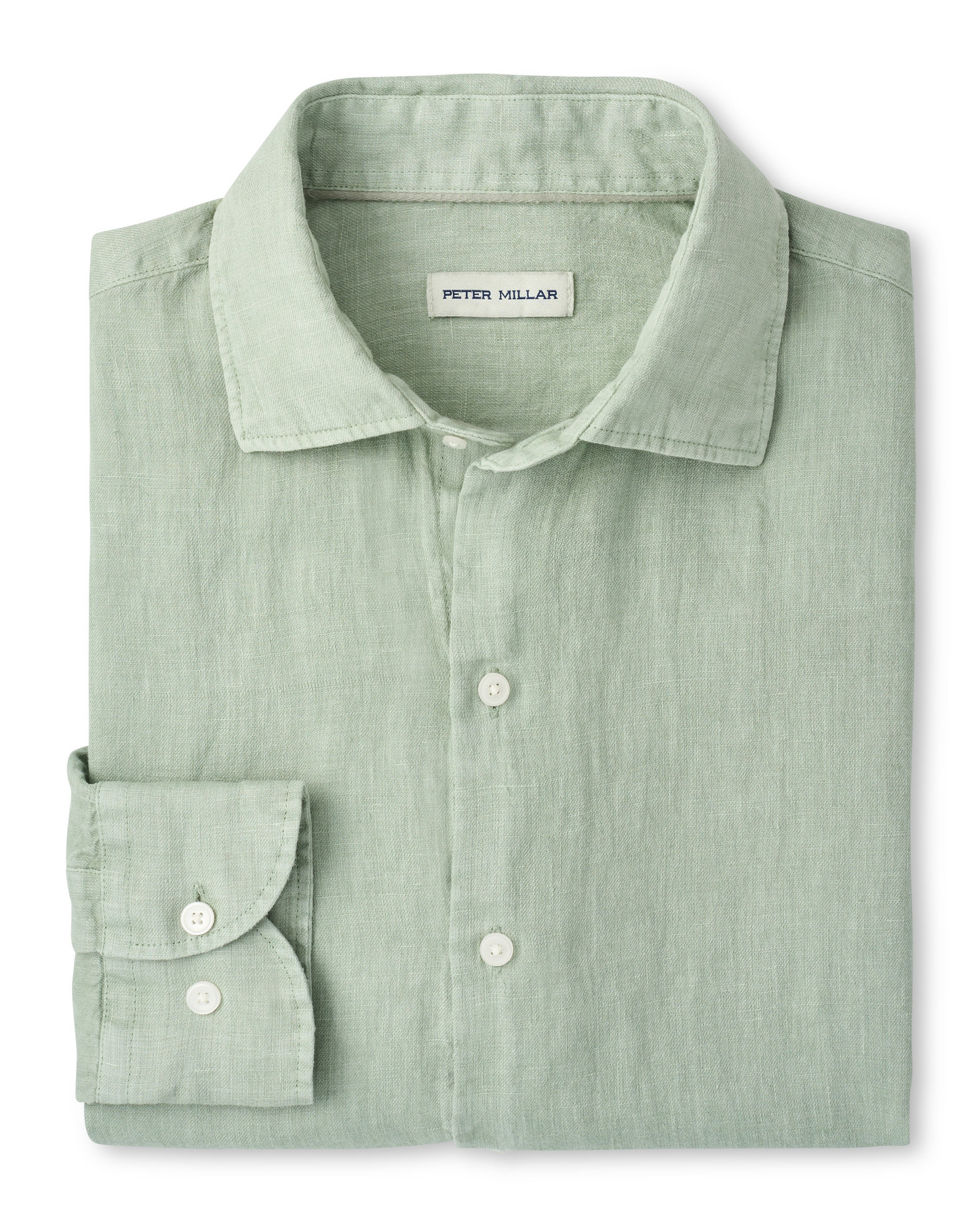 Shoreside Linen Sport Shirt in sage green linen, breathable and naturally wrinkle resistant