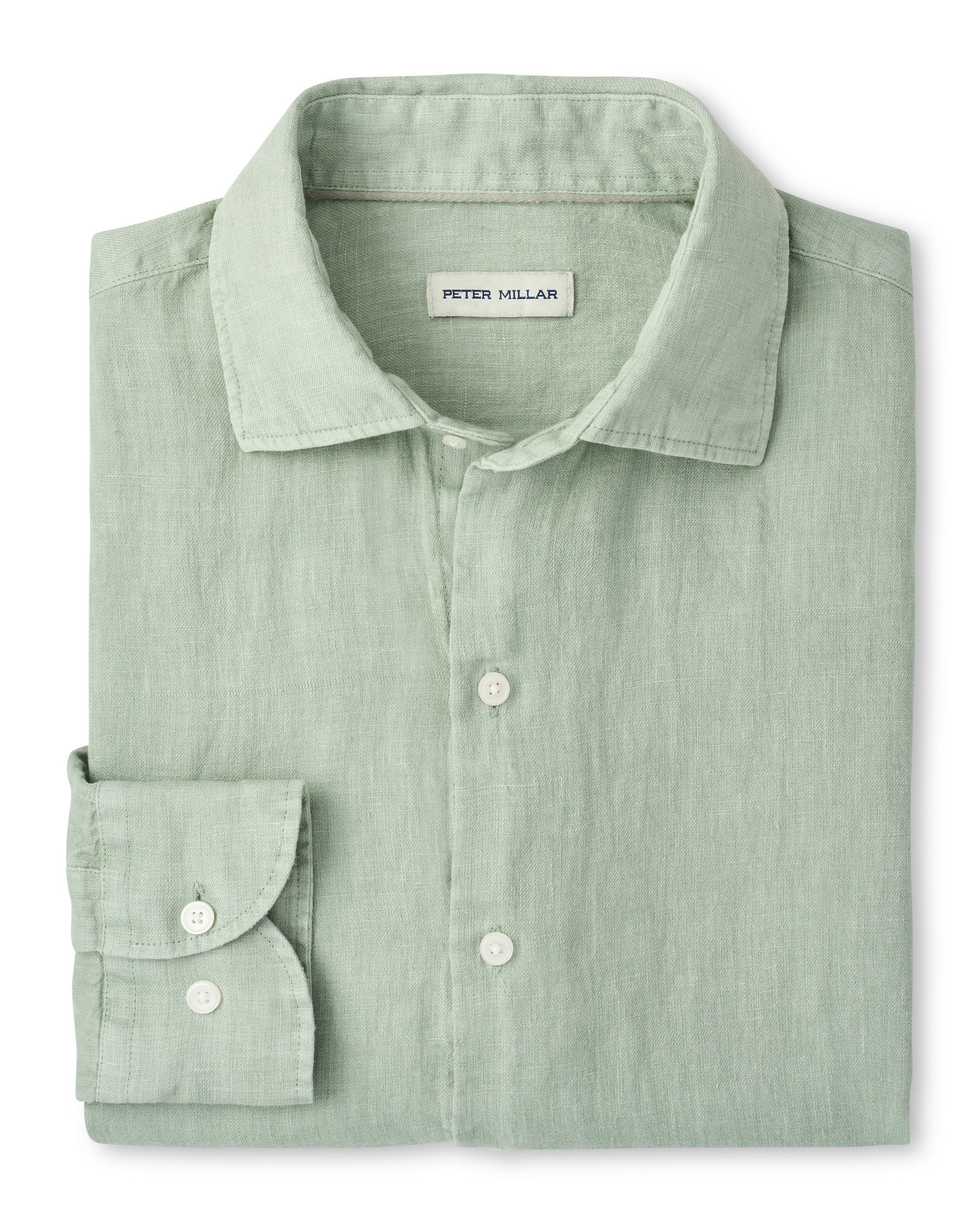 Shoreside Linen Sport Shirt in sage green linen, breathable and naturally wrinkle resistant