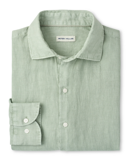 Shoreside Linen Sport Shirt in sage green linen, breathable and naturally wrinkle resistant