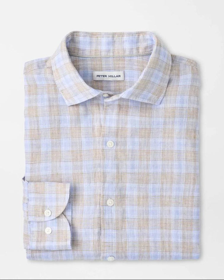 Milo Linen Sport Shirt in blue and beige plaid linen with spread collar, premium craftsmanship