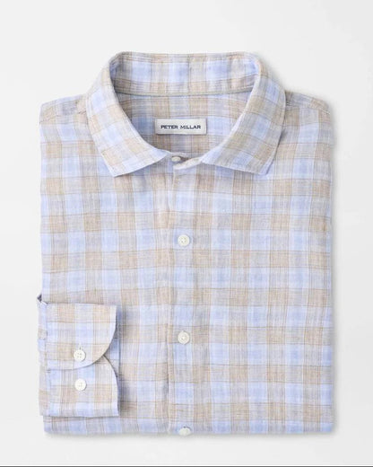 Milo Linen Sport Shirt in blue and beige plaid linen with spread collar, premium craftsmanship