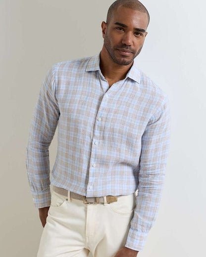 Milo Linen Sport Shirt in blue and white plaid linen with spread collar, part of Peter Millar collection