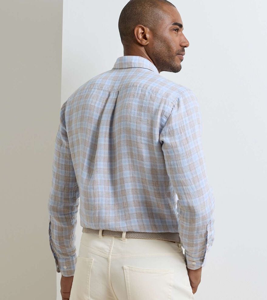 Milo Linen Sport Shirt in blue and white checkered linen with spread collar, lightweight design