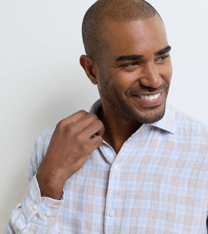 Milo Linen Sport Shirt in blue and white plaid linen with spread collar, crisp breathable fabric