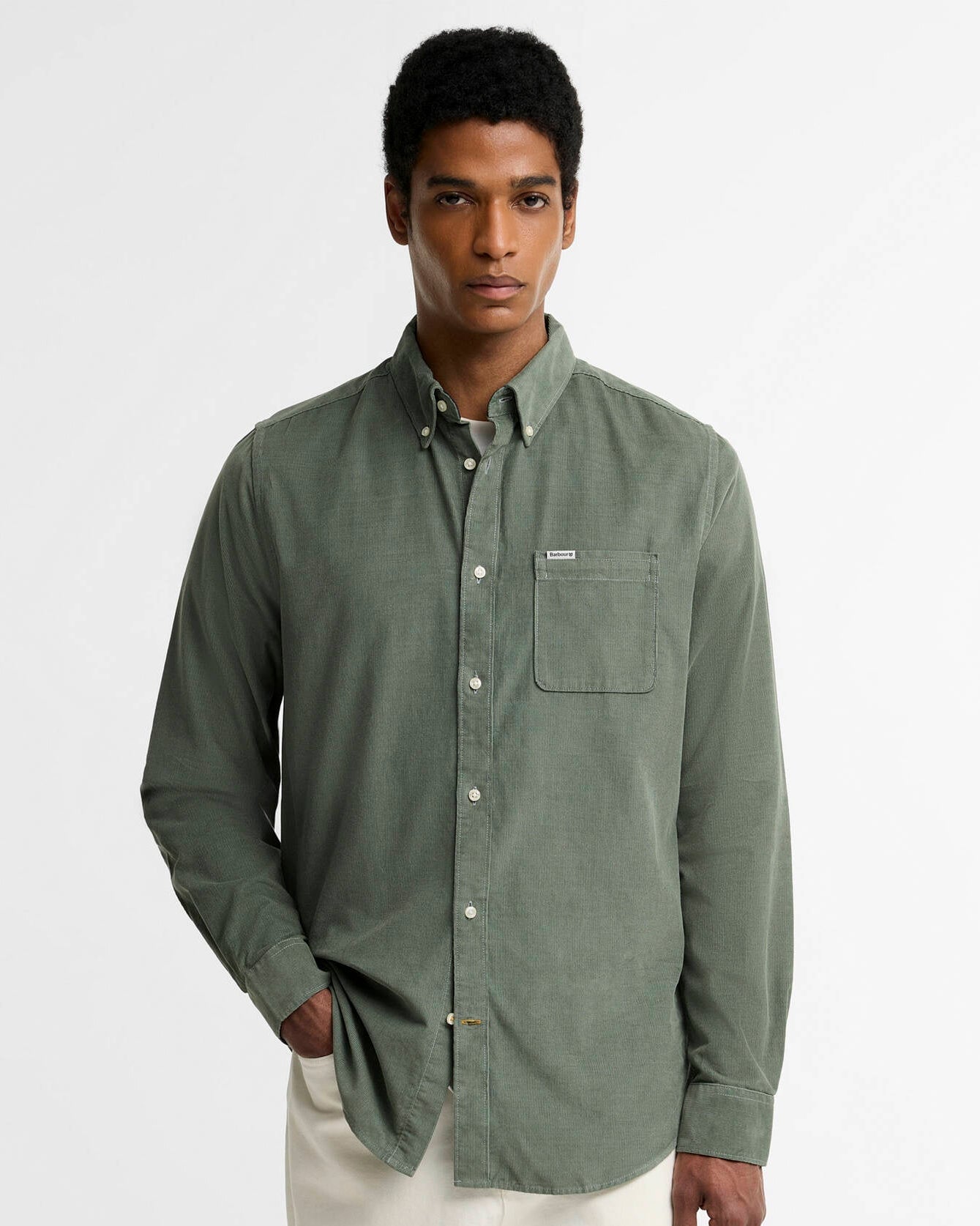Ramsey Tailored Cord Shirt in deep burgundy with button-down collar and front chest pocket