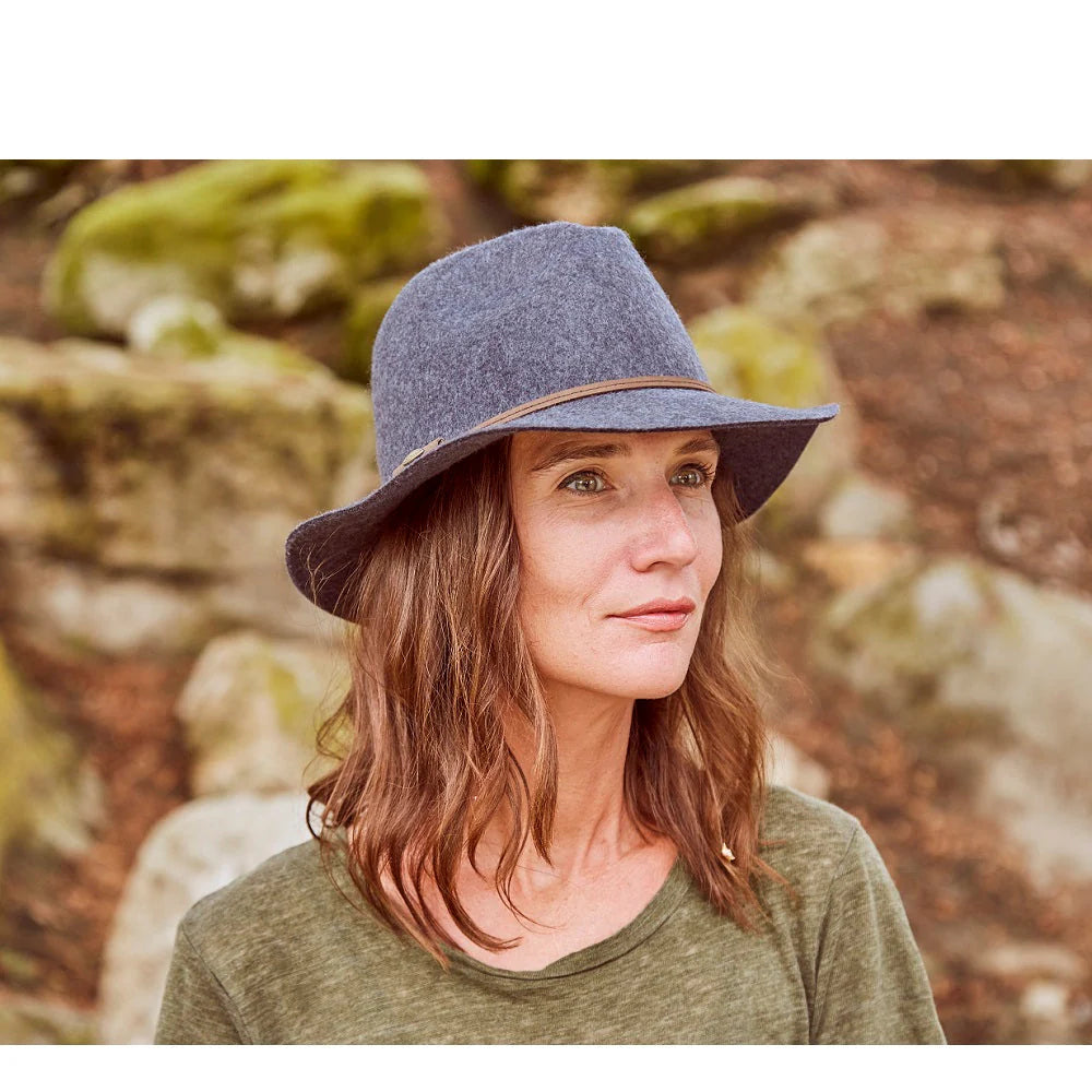 Mystery Hat Azure gray wool felt safari with raw edge brim and faux leather band, curated Fredericksburg TX