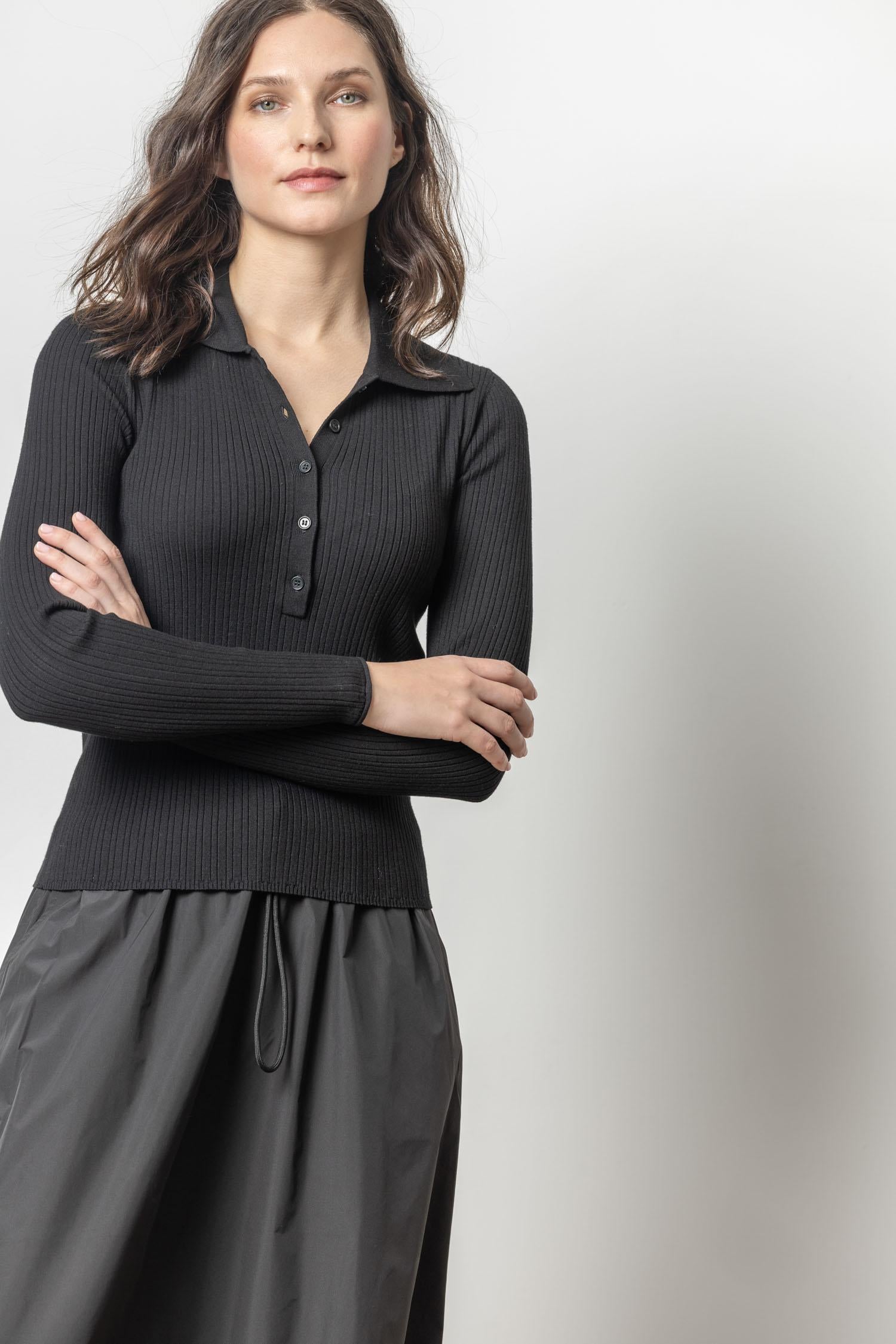 Polo Collar Henley Sweater in black ribbed knit, women’s style curated in Fredericksburg TX boutique