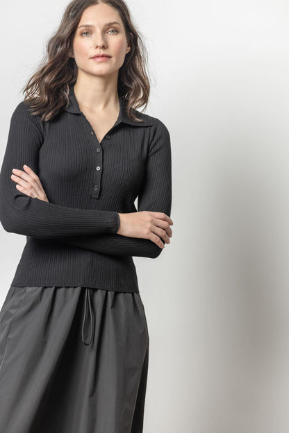 Polo Collar Henley Sweater in black ribbed knit, women’s style curated in Fredericksburg TX boutique