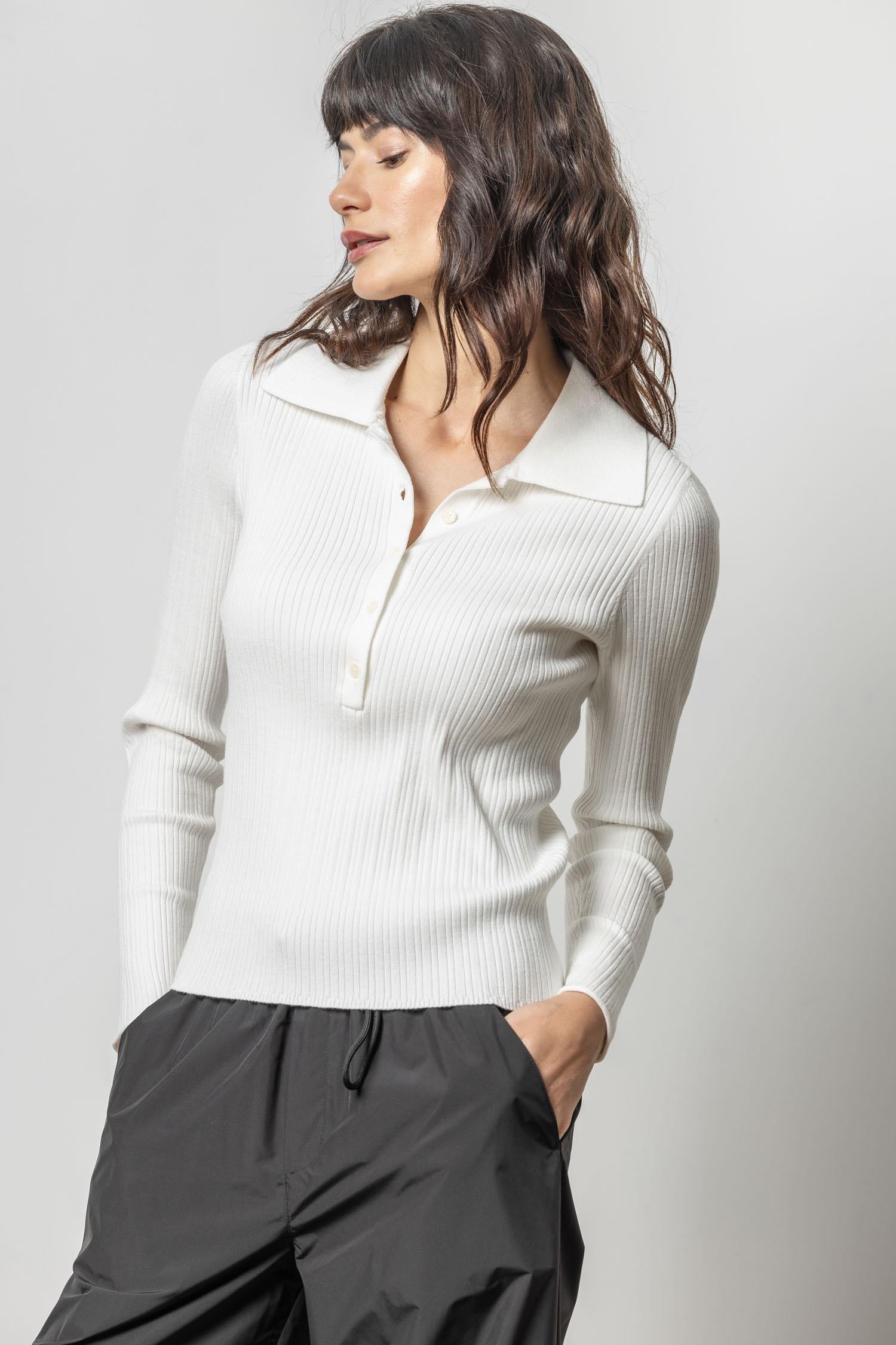 Polo Collar Henley Sweater in white ribbed knit, curated women's sweater at Fredericksburg TX boutique