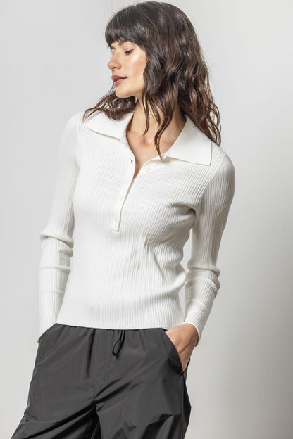 Polo Collar Henley Sweater in white ribbed knit, curated women's sweater at Fredericksburg TX boutique