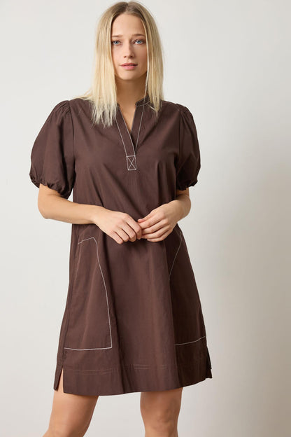 Espresso shirred-sleeve split-neck dress, front with contrast stitching