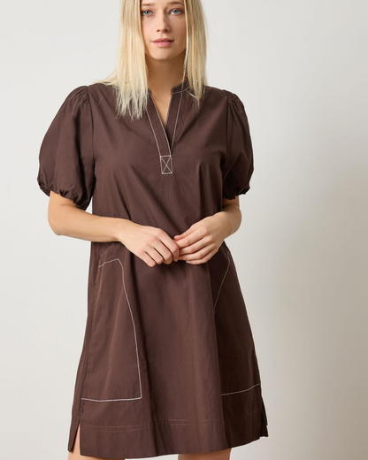 Espresso split-neck dress with puff sleeves and contrast piping seams