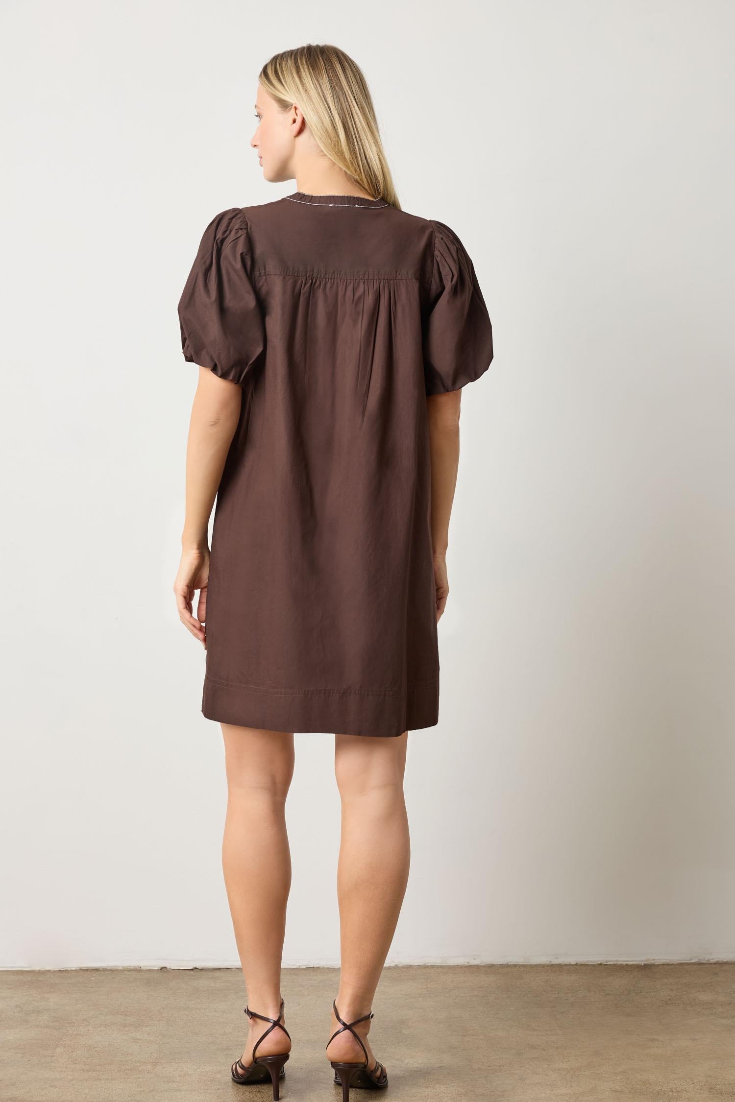 Espresso shirred-sleeve split-neck dress, back view with gathered shoulders
