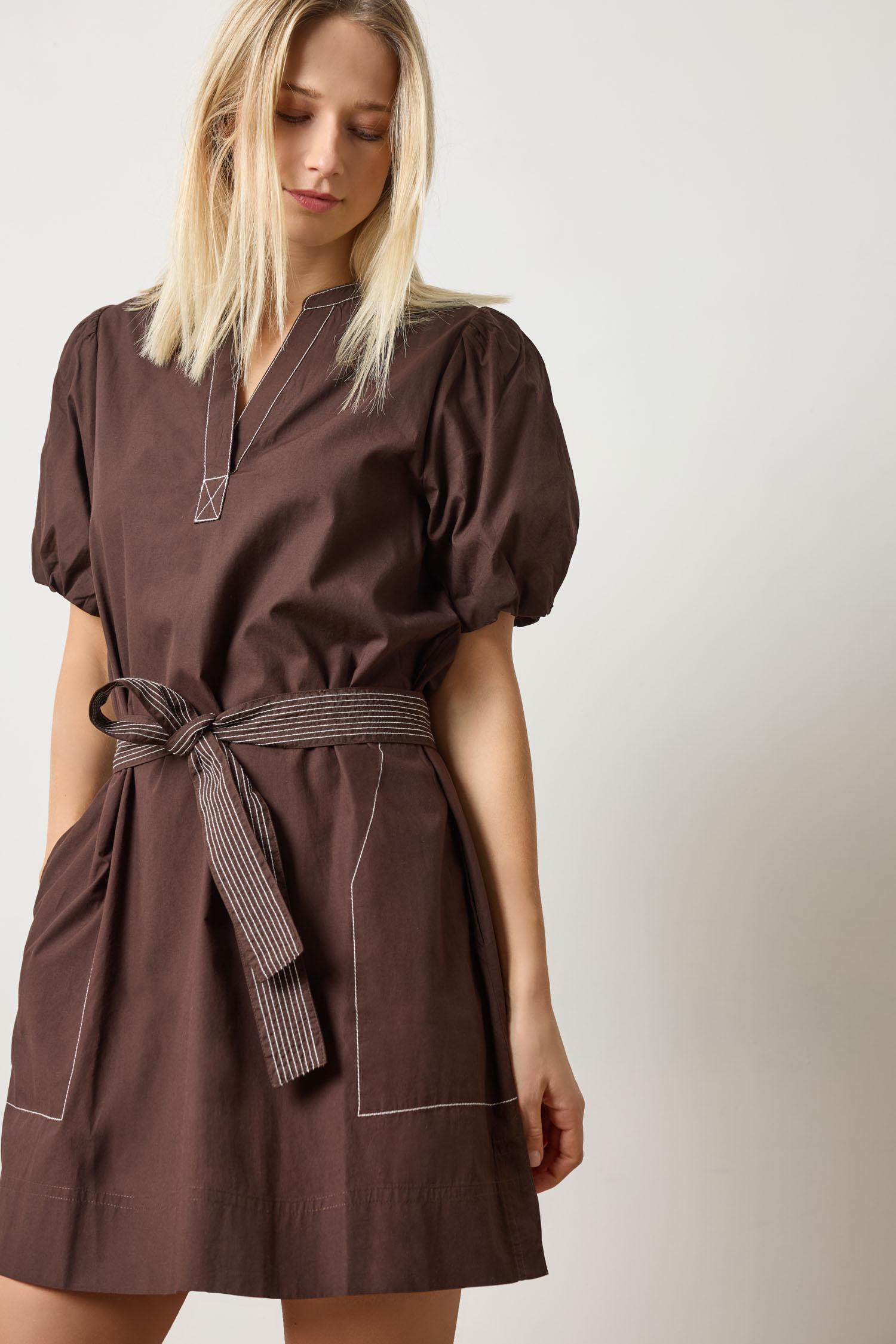 Espresso puff-sleeve split-neck dress with waist tie belt