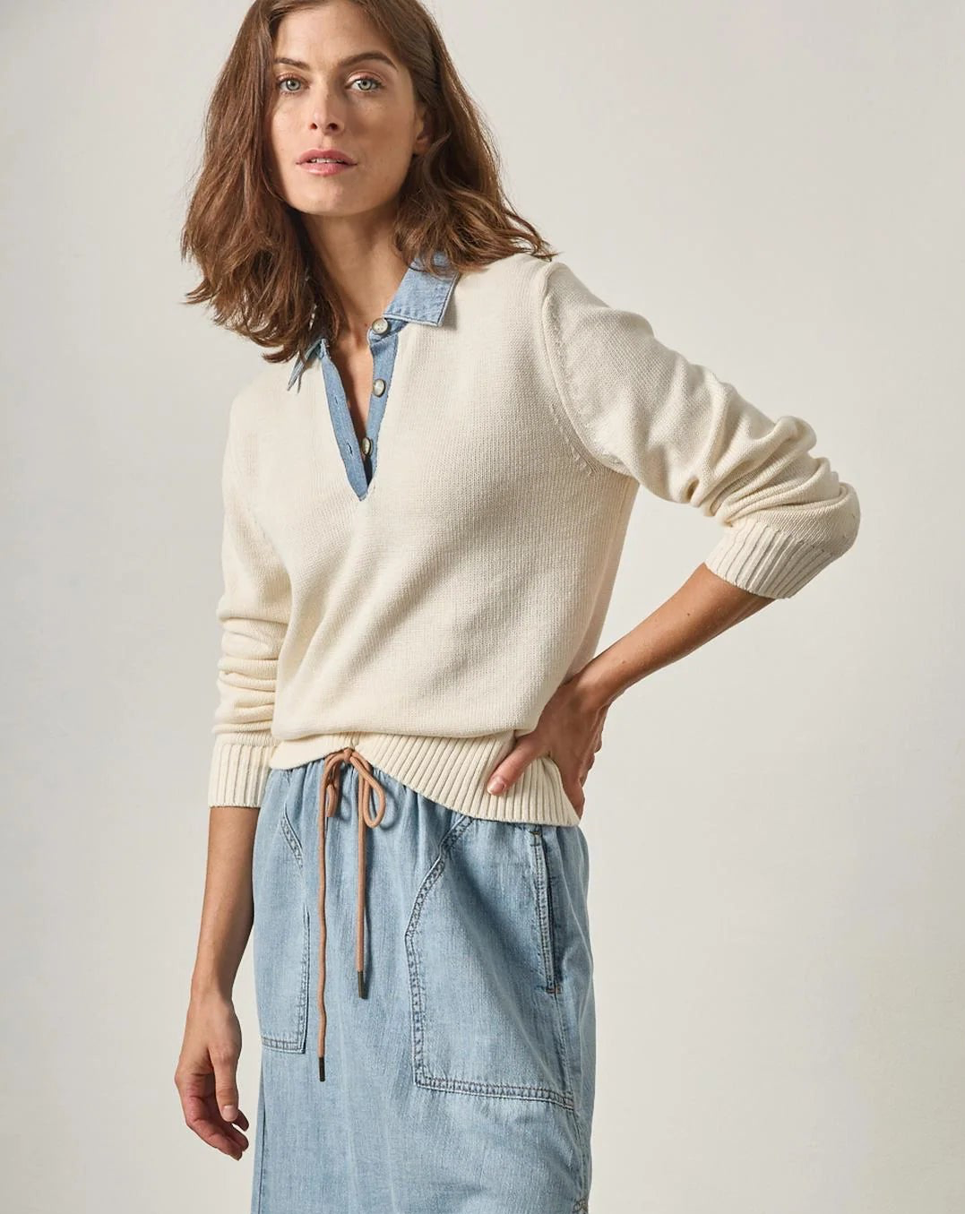 Denim Collar Polo Sweater