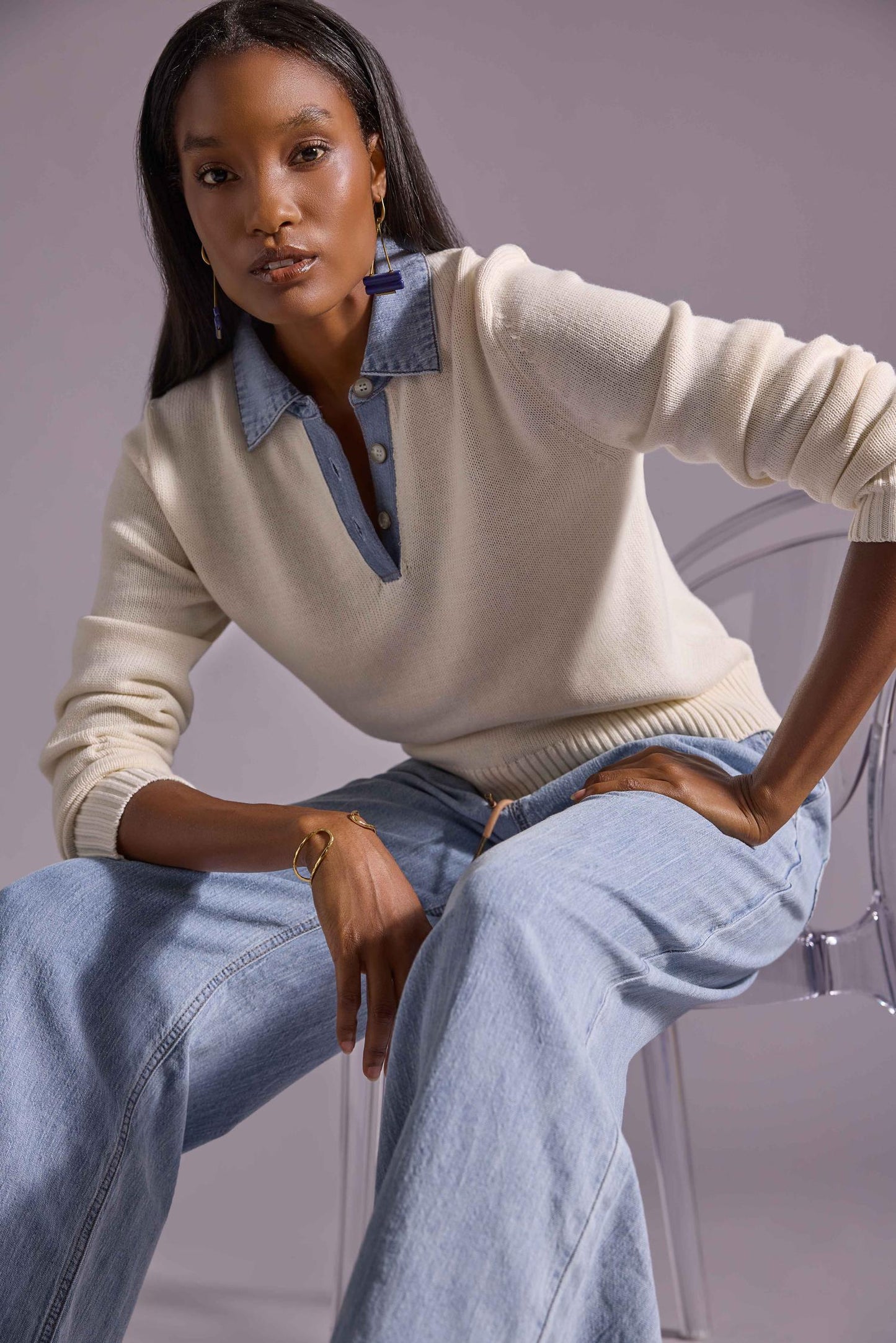 Denim Collar Polo Sweater