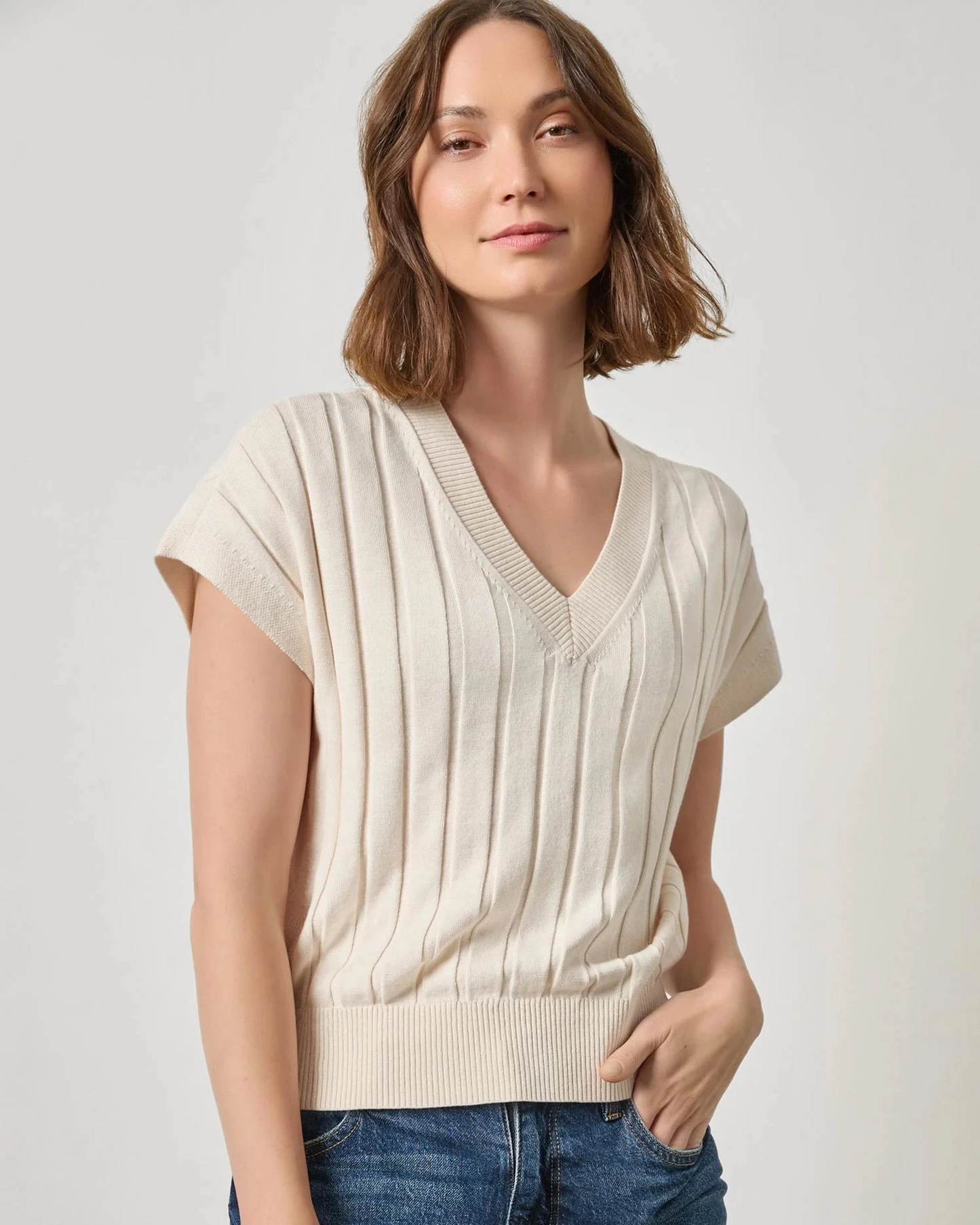 Wide Rib Wedge V-Neck Sweater