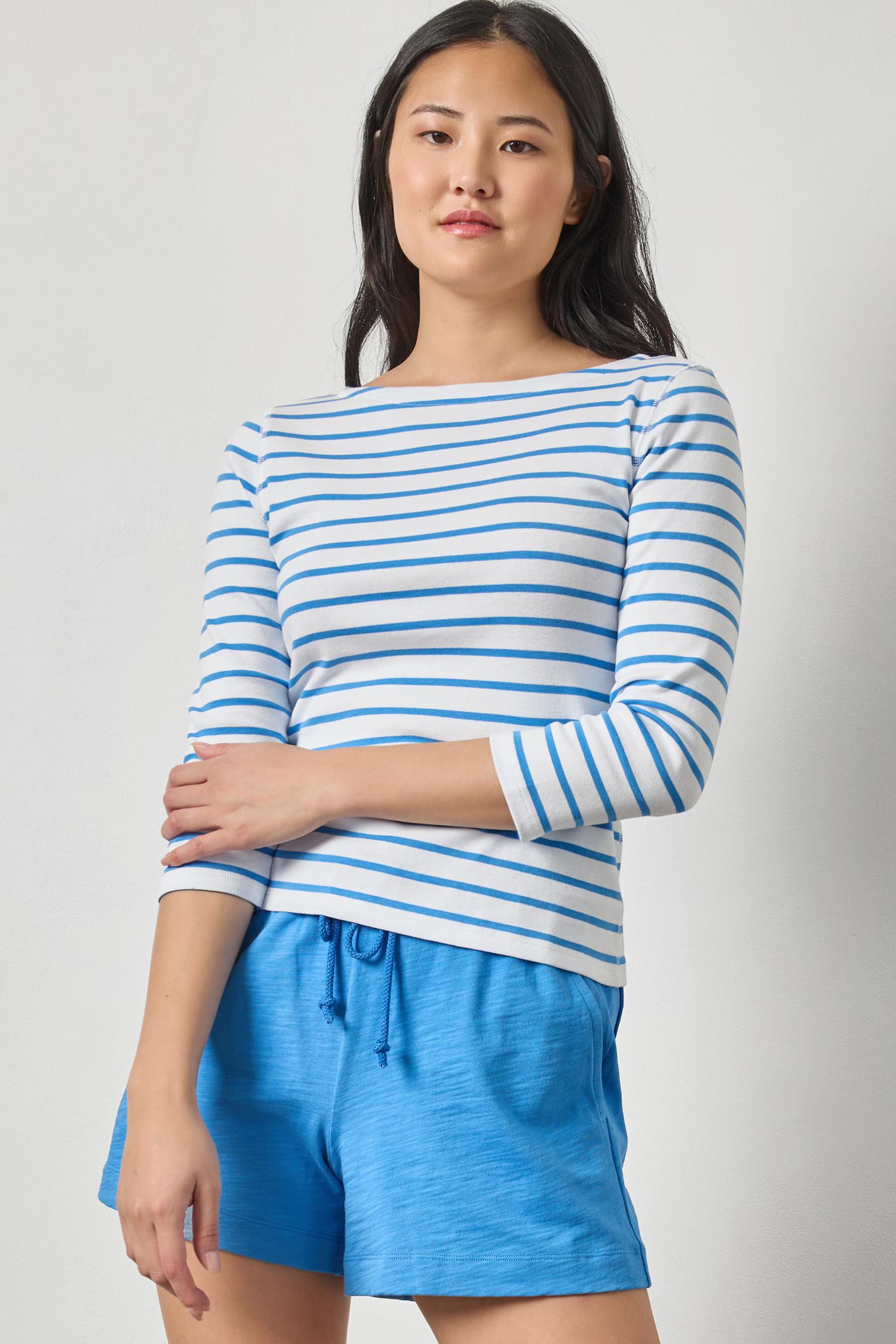 Rib Stripe 3/4 Boatneck with blue stripes in yarn-dyed rib fabric, styled with blue shorts