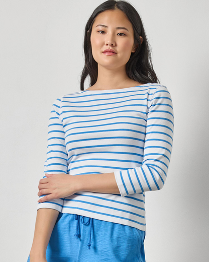 Rib Stripe 3/4 Boatneck with blue stripes in yarn-dyed rib fabric styled with casual blue shorts