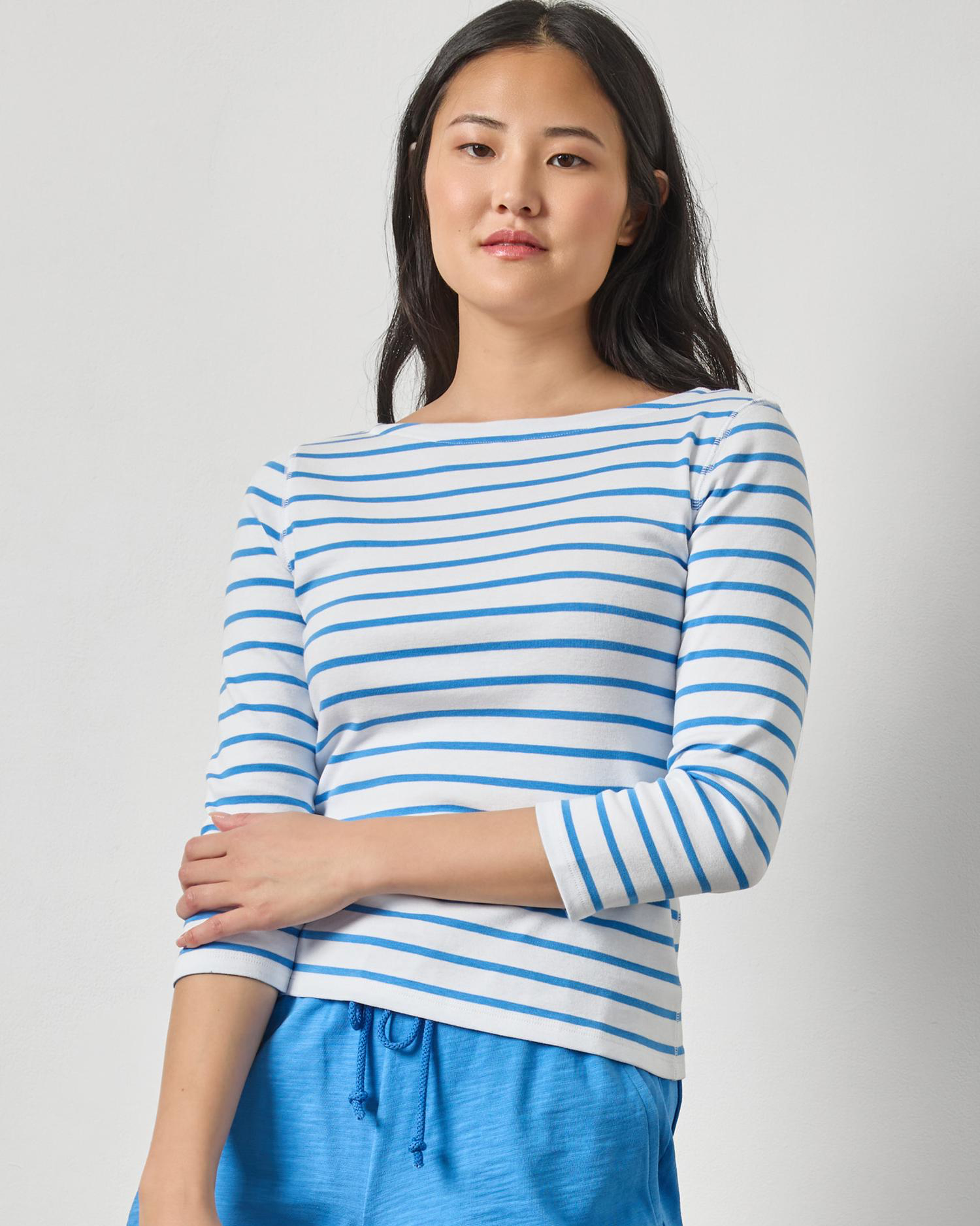 Rib Stripe 3/4 Boatneck striped long sleeve shirt styled with casual green shorts by LILLA P