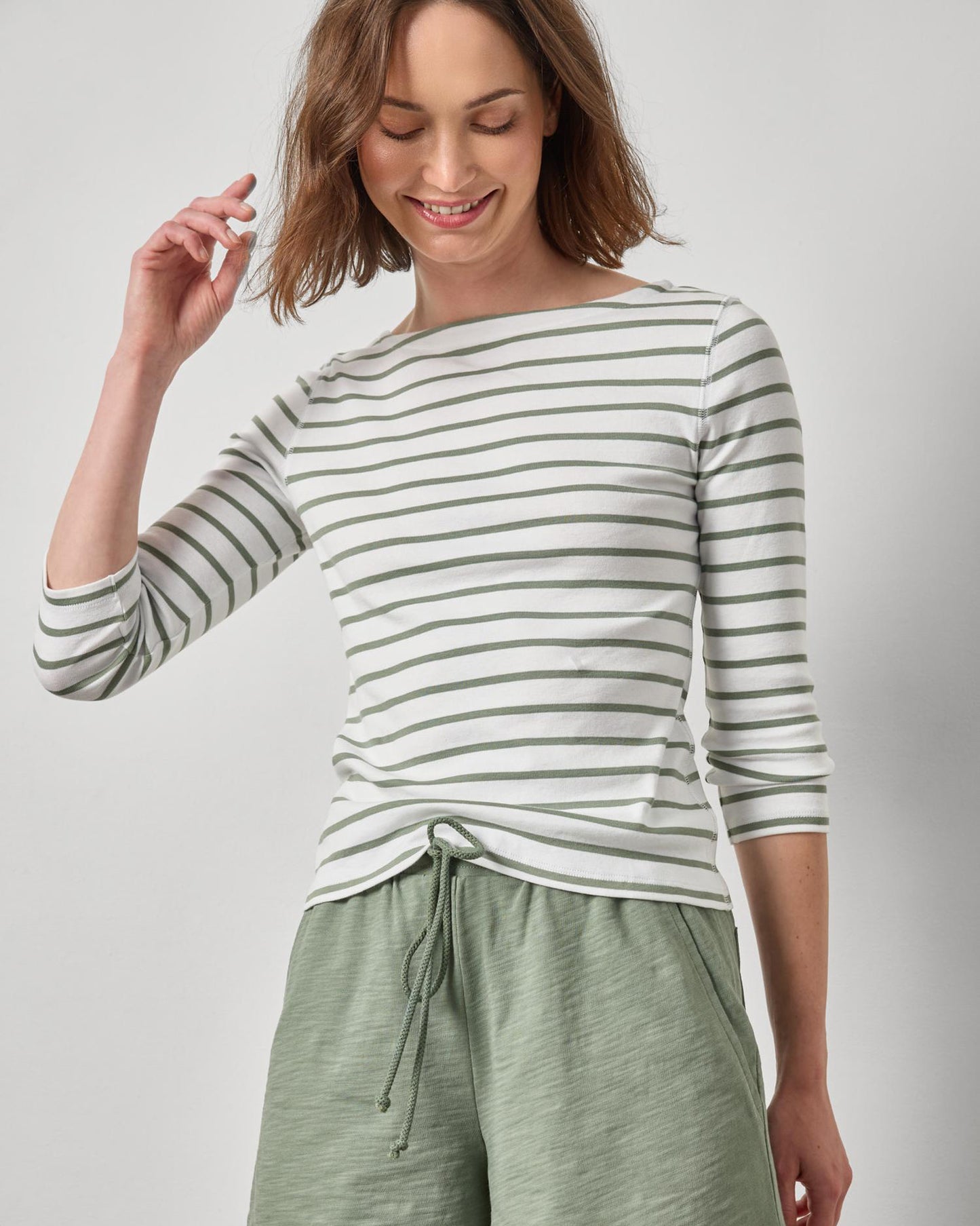 Rib Stripe 3/4 Boatneck striped long sleeve shirt styled with casual green shorts by LILLA P