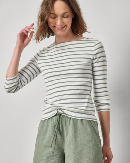 Rib Stripe 3/4 Boatneck striped long sleeve shirt styled with casual green shorts by LILLA P
