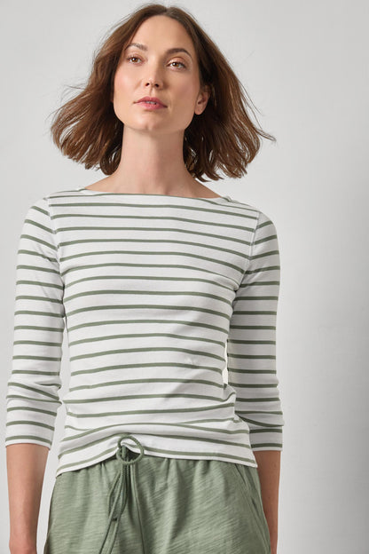 Rib Stripe 3/4 Boatneck top with green stripes, soft rib fabric, styled with casual green pants